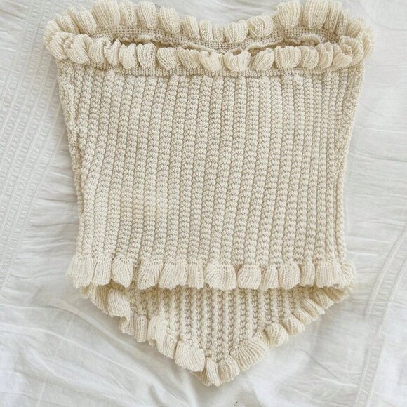 Beige Casual Women's Tube Ruffle Knitted Top - Picture 2 of 6